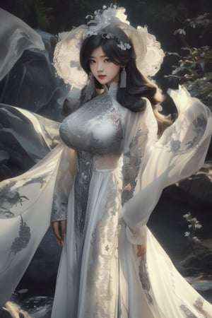 The image depicts a beauty vietnamese girl in white ao dai with her beauty lovely face smiling, standing outdoors amidst ethereal lighting. She is wearing a long, white ao dai with intricate designs on the sleeves.  She is standing in an outdoor setting that appears to be a garden or forest, with trees and rocks visible in the background. Ethereal beams of light filter through the trees, casting an otherworldly glow on the scene. There's a mystical or serene atmosphere created by the combination of natural elements and lighting.,Ao Dai,ao dai,dress,woman,Young beauty spirit ,Vietnamese,Jun_v1, gigantic breasts, huge breasts,  5 foot tall girl, epic tits