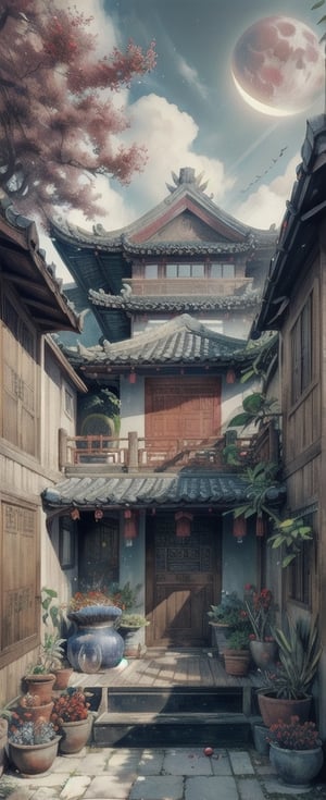 [ 3_point_perspective_drawing],(high res) ,(masterpiece:1,2), (best quality), wooden, exterior, traditional, plants, long shot, eye level, High detailed, color boost,Color Booster,niji,ChineseWatercolorPainting,Cyber modern  Chinese house, courtyard, big tree, red flowers, pomegranates, perfect light, perfect shadow, scenery, beach_house,galaxy_sky,2moon,nebula
deep_perspective,Sun,daylight, warm light