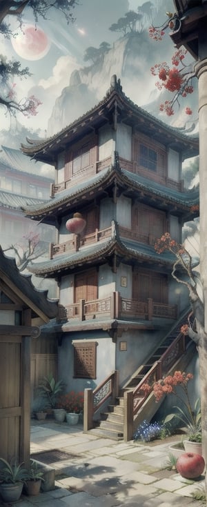 [ 3_point_perspective_drawing],(high res) ,(masterpiece:1,2), (best quality), wooden, exterior, traditional, plants, long shot, eye level, High detailed, color boost,Color Booster,niji,ChineseWatercolorPainting,Cyber modern  Chinese luxury house, courtyard, big tree, red flowers, pomegranates, perfect light, perfect shadow, scenery, beach_house,galaxy_sky,2moon,nebula
deep_perspective,Sun,daylight, warm light
