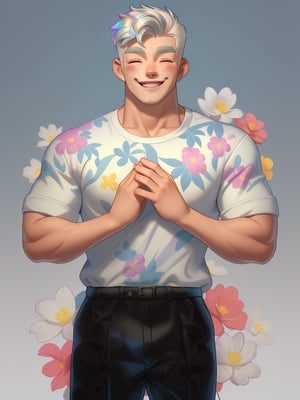 1male,upper body,(masculine, square_jawline broad_shoulders),muscle_chubby,handsome ,casual_modern_style_outfit,style,,iridescent_hair_short hair_style,white_hair,floral_print,masterpiece,(close eyes,smile, happy, hands clasped together,hands on chest, said thank you) background simple 
  