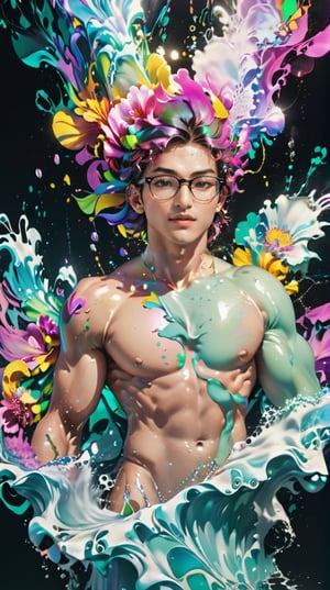 Luxury steam-like handsome, muscular, Korean male model with glasses, man with colorful flowy hair and body resembling steam in water, work of beauty and complexity, ghostcore, prismatic glow elements, fluidity, detailed face, 8k UHD , man dancing, alberto seveso style, flower petals flying with the wind,photo r3al,Leonardo Style,niji style,ghibli,illustrator