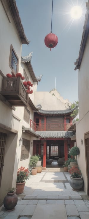 [ 3_point_perspective_drawing],(high res) ,(masterpiece:1,2), (best quality), exterior, traditional, plants, long shot, eye level, High detailed, color boost,Color Booster,niji,ChineseWatercolorPainting,Cyber modern  Chinese luxury house, courtyard, big tree, red flowers, pomegranates, perfect light, perfect shadow, scenery, beach_house,galaxy_sky,2moon,nebula
deep_perspective,Sun,daylight, warm light,solorpunk