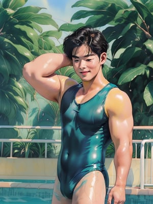 1boy,iridescent watercolor,photorealistic, asian, muscular,chubby_chest,korean style, blush, (big smile face, eyes closed ,wet hair), hands up(( VPL, full swimsuit, jumping, pool )),masterpiece,best quality ,  (( outdoor,lemonade, big lemon tree, wind))
 , WtrClr,Extremely Realistic,background,watercolor,morning light 