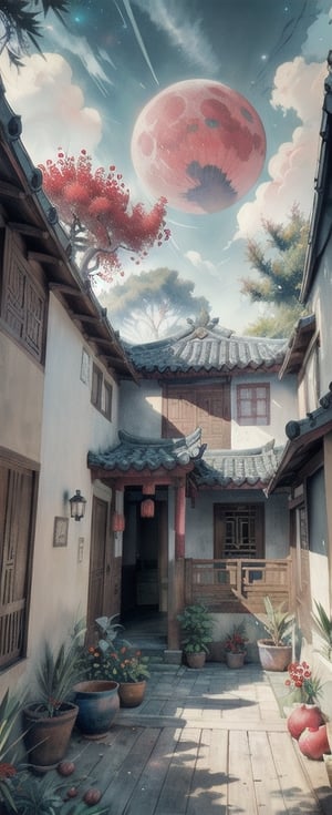 [ 3_point_perspective_drawing],(high res) ,(masterpiece:1,2), (best quality), wooden, exterior, traditional, plants, long shot, eye level, High detailed, color boost,Color Booster,niji,ChineseWatercolorPainting,Cyber modern  Chinese house, courtyard, big tree, red flowers, pomegranates, perfect light, perfect shadow, scenery, beach_house,galaxy_sky,2moon,nebula
deep_perspective,Sun,daylight, warm light