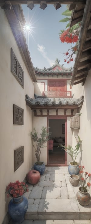 [ 3_point_perspective_drawing],(high res) ,(masterpiece:1,2), (best quality), exterior, traditional, plants, long shot, eye level, High detailed, color boost,Color Booster,niji,ChineseWatercolorPainting,Cyber modern  Chinese luxury house, courtyard, big tree, red flowers, pomegranates, perfect light, perfect shadow, scenery, beach_house,galaxy_sky,nebula
deep_perspective,Sun,daylight, warm light,solorpunk,upside down house 