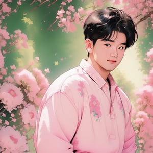 ((circle)),(1boy, photorealistic, asian, small eyes,muscular,chubby_chest, korean style,) blush,happy face,look at viewer, pastel_shirt,masterpiece,best quality ,(sakura_tree, pink_peony flowers), ((Diecut,white background,)),watercolor,nijiboy, dignified poses, aurorapunk, precise and sharp 