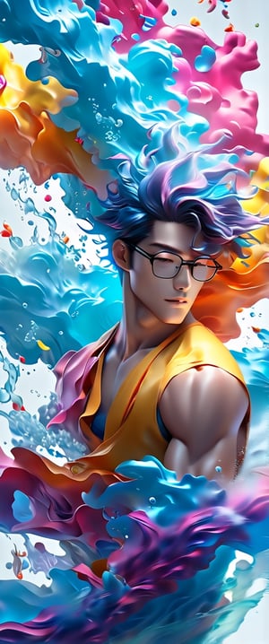 Beatiful steam-like handsome, muscular, Korean male model with glasses, man with colorful flowy hair and body resembling steam in water, work of beauty and complexity, ghostcore, prismatic glow elements, fluidity, detailed face, 8k UHD , man dancing, alberto seveso style, flower petals flying with the wind,photo r3al,Leonardo Style,niji style,ghibli,illustrator
