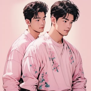 ((All_In_circle)),(1man,solo, photorealistic, asian, small eyes,muscular,chubby_chest, korean style,) blush,happy face, pastel_shirt,masterpiece,best quality ,(sakura_tree, pink_peony flowers), ((Diecut,white background,))Circle,watercolor,nijiboy,male 