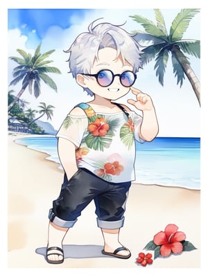 1male,(chibi character,full body,masculine, square_jawline broad_shoulders),muscle_chubby_chest,handsome , Masculinity pants,modern_style_outfit,iridescent_hair_short hair_style,white_hair,floral_print_shirt,masterpiece,(smile,sunglass,summer,coconut trees,beach,hand_up,show V_hand,hibiscus ) background simple,watercolor \(medium\),Professor Neroli,