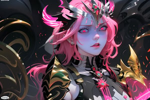 lmasterpiece, high quality, slime:0.4, close angle view,  full body of a beautiful mature demon  goddess tall 30 years old female, black horns, red eyes glowing, well detailled face, wearing ultradetailled silver armor with lot of naked part,seductive pose, shiny pink color hair with some wave curly, air flow dark magic spinning around, on a red glowing magic circle,High detailed ,disgusted face,beautyniji,looking at viewer, portrait