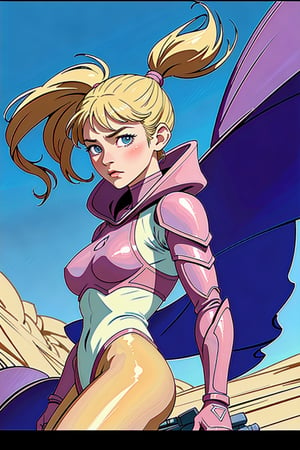 Jean Giraud ((Moebius style)), full body Portrait of a female soldier in a dramatic pose, background Desert with a crashed spaceship, smoke, perfect detailed eyes, athletic body, yellow armour, holding weapon, blond hair in ponytail,Comic Book-Style 2d, pastel colours,WARFRAME,weapon
