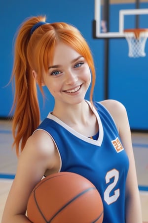 Realistic photo, mid shot photo, phone quality photo, cute Slavic girl, orange hair, ponytail hairstyle, realistic blue eyes, basketball uniform, holdin basketball, smiling, slightly posing for a photo, basketball hall background 