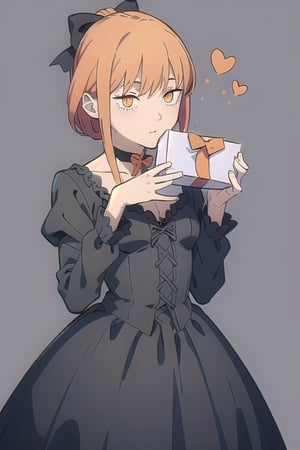 Makima, illustration,flat color,black theme, cute girl, gothic dress,choker, throw kiss,blowing kiss, orange_eyes, holding carton heart in hand