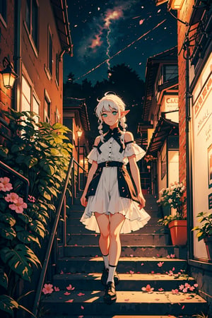 amazing quality,  best quality,  1girl,  solo,  frieren,  green eyes,  white hair,  pigtails,  elf,  portrait,  night,  cityscape,  city lights,  outdoors,  scenery,  stairs,  building,  railing,  flower,  falling petals,  looking at viewer, niji6,