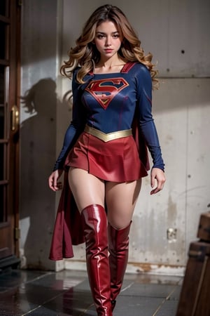 Real, atmospheric scene, (detailed face, detail skin texture),1girl, beautiful girl wearing supergirl costume,Dark wbrown hair,focused expression, the clothes on the chest are torn apart,clothes torn,exposed hoft of tits,Beautiful long legs, red boots,