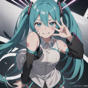 A full-body image, digital art, a wicked smile, the electronic singer Hatsune Miku covering her face with one hand, revealing her eyes, A mad or crazy look in the eyes, cracks on her face, a futuristic background.,highres.4K