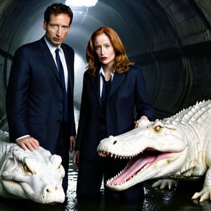 dark style,The X-Files,mulder and scully ,Hunting a giant white crocodile in the sewers,4K,long hair ,Portrait