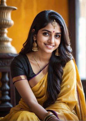 lovely cute young attractive indian teenage girl in a yellow banarasi saree,  smile, 23 years old, cute, an Instagram model, long black_hair, colorful hair, winter, sitting in a decorative room,Indian, 