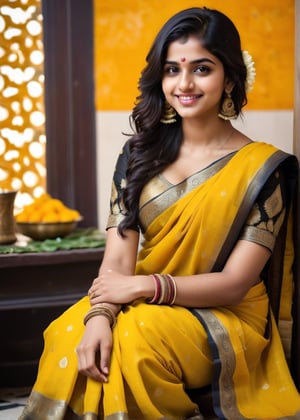 lovely cute young attractive indian teenage girl in a yellow design banarasi saree,  smile, 23 years old, cute, an Instagram model, long black_hair, colorful hair, winter, sitting in a decorative room ,Indian, 