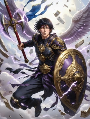 axe and shield,touji_fushiguro, black hair, black eyes, short hair, hair between eyes, bangs, million flying swords, aura