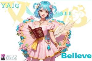 1girl, solo, looking at viewer, smile, short hair, pink dress, holding, jewelry, blue hair, yellow eyes, flower, pantyhose, wings, necklace,cross crystal bracelet on hand, copyright name, holding book,angel_wings,solo,masterpiece,word"Believe"
