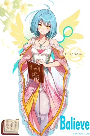 1girl, solo, looking at viewer, smile, short hair, dress, holding, jewelry, blue hair, yellow eyes, flower, pantyhose, wings, necklace, character name, book, copyright name, holding book