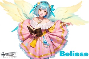 1girl, solo, looking at viewer, smile, short hair, dress, holding, jewelry, blue hair, yellow eyes, flower, pantyhose, wings, necklace, character name, hanging a crystal cross bracelet, copyright name, holding book,angel_wings