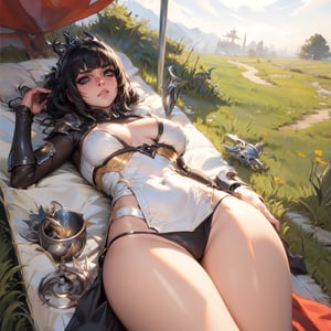(laid in the grass:1.2), (heroic fantasy:1.1), (volumetric lighting, dim light, dual tone:1.2), 1girl, masterpiece, (shad0wheart:1.3), (sh-arm0r, sh-cl0thes:1.3), (dark justiciar armor:1.2), (frown:1.2), tiara:1.3, (perfect eyes, rimmel, black tears:1.2), (wide hips, thick thigh gap:1.4), (camp in the forest, grass, tent:1.1), 