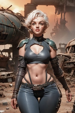 (Marilyn Monroe:1.2), (grey eyes, beautiful face, detailed eyes), (solo, 1_girl), (cyberpunk, sci-fi :1.1), neon lights, (white hair), (big fleshy lips:1.4), reddened cheeks, birthmarks:0.7, navel, cleavage:1.4, (narrow chest, thin waist, wide hips, thick thigh gap, cameltoe:1.3), (futuristic armor suit, hi-tech:1.3), (worn pants, torn rags, dirty tank top, light pink visible thong:1.2), (wasteland, post-apocalyptic landscape, destroyed cities, rusty spaceship wreck:1.3), (diesel punk, Mad Max Furiosa:1.3), ,fantasy00d,3DMM