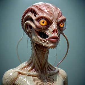 Hyperrealistic, HD, intricate details, alien, humanoid creature, abomination, monster, (translucent half head, seethrough visible brain and veins:1.3), hydrocephalus, raw meat face, scaly skin, saurian nose, squid tentacles, (viscous, slimy), bulky, silk skin, glowy eyes, slit pupils, solid neck, focus, in a high-tech alien lab background, dim light, dual tones lighting, neon lights, sharp focus, 