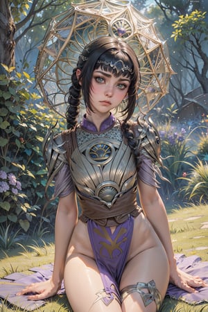 (sat in the grass, Alphons Mucha, Art Nouveau:1.3), (heroic fantasy:1.1), (diffused light, dual tone:1.2), (solo, 1girl), (shadowheart:1.2), (justiciar armor, selunite:1.2), (frown, angry:1.3), (small artifact, dodecahedron:1.3), (crimped headband, hair bangs:0.6), (perfect eyes:1.4), (huge breasts:0.6), (thin waist, wide hips, thick thigh gap:1.2), (camp in the forest, grass, tent:1.1), (vivid colors, purple, cyan:1.3), (NSFW, hentai, porn:0.6)