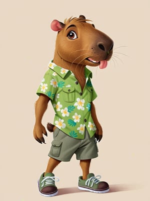 (Disney, Pixar:1.2), (capybara head:1.4), (three-quarter view), (super_deformed:1.2), (slim), (tiny ears:1.2), (big long muzzle:1.1), (long rodent incisors:1.3), (tawny fur), (green hawaian shirt), (grey cargo shorts), (sneakers), blank background, 