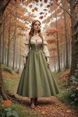  score_9,score_8_up,score_7_up, Masterpiece depicting a hairy-eared female elf, dressed in medieval garb with a short green skirt, strolling through a magnificent forest of ancient trees in autumn. Magical atmosphere. Warm autumn light.