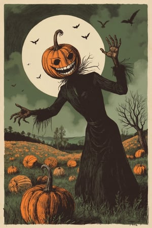 (score_9, score_8_up, score_7_up, high quality, best quality, masterpiece:1.3), (creepy halloween vintage poster), (orange, green and brown trichromy:1.2), (screen printing), ink style drawing, (silhouetted figure of a pumpkin_head scarecrow wizard), (laughs with scary hand), (close_up portrait, high angle view:1.3), pumpkins, by night, in a field, crows, fog, gloomy atmosphere, full moon, cloudy sky, 