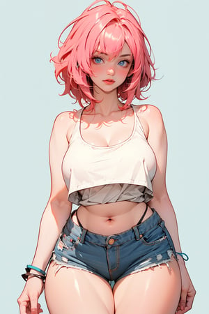 (masterpiece, best quality), 1girl, (short pink hair), (beautiful eyes, blue eyes:1.1), pale skin, (hip-hop, streetwear, urban:1.3), (braless:1.2), (tank top, big breasts cleavage, pokies:1.2), naked arms, navel:1.1, (unbuttoned worn shorts), (visible thong, g-string:1.3), (wide hips, thick thigh gap:1.4), neon bracelets,(simple_background, solid color:1.2), 