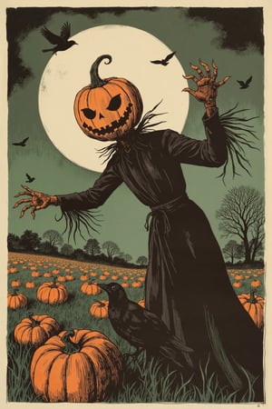 (score_9, score_8_up, score_7_up, high quality, best quality, masterpiece:1.3), (creepy halloween vintage poster), (orange, green and brown trichromy:1.2), (screen printing), ink style drawing, (silhouetted figure of a pumpkin_head scarecrow wizard), (laughs with scary hand), (close_up portrait, high angle view:1.3), pumpkins, by night, in a field, crows, fog, gloomy atmosphere, full moon, cloudy sky, 