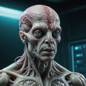 Hyperrealistic, HD, intricate details, portrait of an alien, humanoid creature, abomination, monster, (translucent half head, seethrough visible brain and veins:1.3), hydrocephalus, raw meat face, scaly skin, saurian nose, squid tentacles, (viscous, slimy), bulky, silk skin, glowy eyes, slit pupils, solid neck, focus, in a high-tech alien lab background, dim light, dual tones lighting, neon lights, sharp focus, 