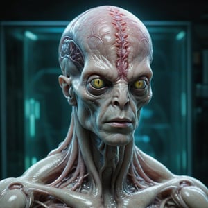 Hyperrealistic, HD, intricate details, portrait of an alien, humanoid creature, abomination, monster, (translucent half head, seethrough visible brain and veins:1.3), hydrocephalus, raw meat face, scaly skin, saurian nose, squid tentacles, (viscous, slimy), bulky, silk skin, glowy eyes, slit pupils, solid neck, focus, in a high-tech alien lab background, dim light, dual tones lighting, neon lights, sharp focus, 