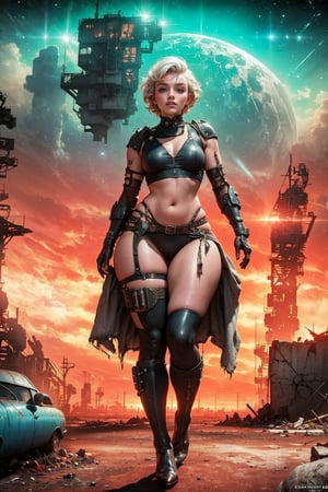 (Marilyn Monroe:1.2), (grey eyes, beautiful face, detailed eyes), (solo, 1_girl), (cyberpunk, sci-fi :1.1), neon lights, (white hair), (big fleshy lips:1.4), reddened cheeks, birthmarks:0.7, navel, cleavage:1.4, (narrow chest, thin waist, wide hips, thick thigh gap, cameltoe:1.3), (futuristic armor suit, hi-tech:1.3), (worn pants, torn rags, dirty tank top, light pink visible thong:1.2), (wasteland, post-apocalyptic landscape, destroyed cities, rusty spaceship wreck:1.3), (diesel punk, Mad Max Furiosa:1.3), ,fantasy00d