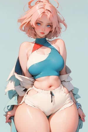 (masterpiece, best quality), 1girl, (short pink hair), (beautiful eyes, blue eyes:1.1), pale skin, (hip-hop, streetwear, urban:1.3), (braless:1.2), (tank top, big breasts cleavage, pokies:1.2), naked arms, navel:1.1, (unbuttoned worn shorts), (visible thong, g-string:1.3), (wide hips, thick thigh gap:1.4), neon bracelets,(simple_background, solid color:1.2), 