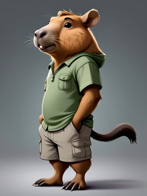 (Disney, Pixar:1.2), (capybara head:1.4), (three-quarter view), (super_deformed:1.2), (slim), (tiny ears:1.2), (big long muzzle:1.1), (long rodent incisors:1.3), (tawny fur), (green hawaian shirt), (grey cargo shorts), (sneakers), blank background, 