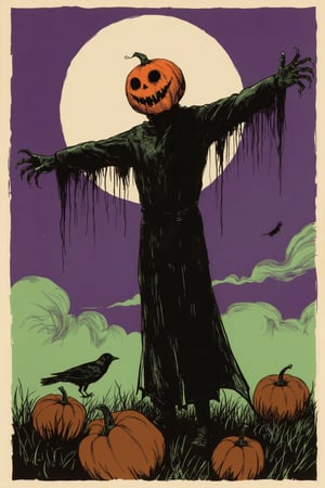 (score_9, score_8_up, score_7_up, high quality, best quality, masterpiece:1.3), (creepy halloween vintage poster), (orange and purple and green trichromy:1.2), (screen printing), ink style drawing, (silhouetted figure of a pumpkin_head scarecrow), (devilish grin with scary claws), by night, in a field, flying crows, fog, gloomy atmosphere, full moon, cloudy sky, 