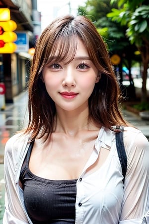 4K high resolution rendering, Pretty face, pretty eyes, Sparks, beautiful body, Nature, Realism, Portrait, Raw photo, Photography, Photorealism, Photoshoot, An image of a woman with an alluring gaze and a soft smile, (white shirt with little bit wet), (black short skirt), (full body), running at raining street