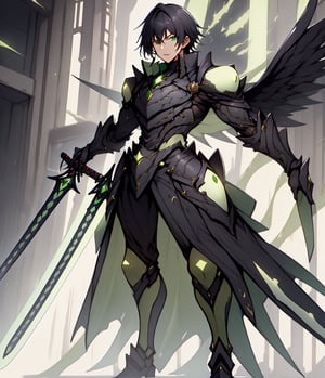 armored, green, green aura, 1000 flyiing swords,Tatsuya,black hair