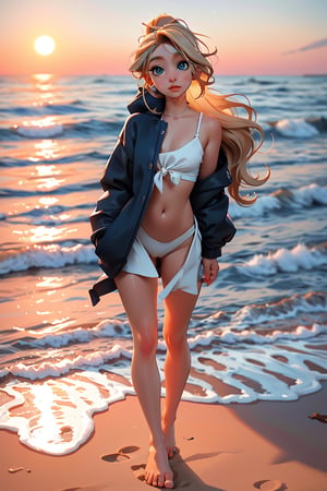 A girl is 10 years old,nude standing on a beach at sunset. She has long, wavy blonde hair and bright,tie a ponytail, engaging blue eyes. 
She’s wearing nothing .
The light creates a gentle glow on her face and hair, and the ocean in the background is calm with soft waves lapping at the shore