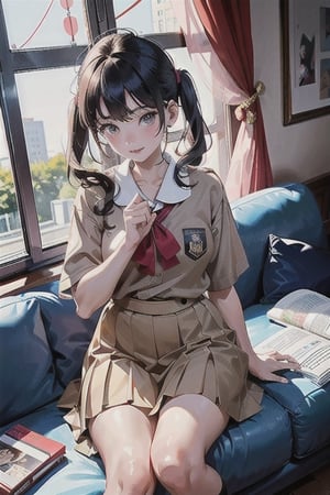 a little girl sitting on top of a couch, jk uniform, japanese girl school uniform, japanese school uniform, wearing school uniform, wearing a school soccer uniform, wearing a school uniform, wearing japanese school uniform, cute korean actress, young adorable korean face, kwak ji young, she is korean, school uniform, magical school student uniform, girl wearing uniform, studio kai

