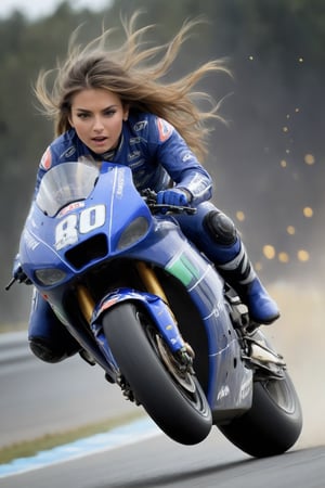 A hyperdetailed painting of a woman with long hair riding MotoGP on a circuit in a dynamic pose, with splattering sparks. The image is front view with low perspective. Apply blur effect and dramatic lighting, speed blur background.
