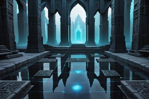 shadowrun_surface,niji style,arcane ruins, ancient temple, smooth reflective black stone surfaces, ,noc-wfhlgr