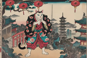 ladder from flying chinese lantern, standing alien cat humanoid, Ukiyo-e  chinese temple skyscrapers, far away shot of hiding samurai, solo, colorful