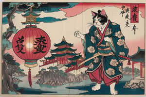 far away floating chinese lantern airship with a small house attached below, standing cat samurai, solo, Ukiyo-e  chinese temple skyscrapers, colorful, cat eyes